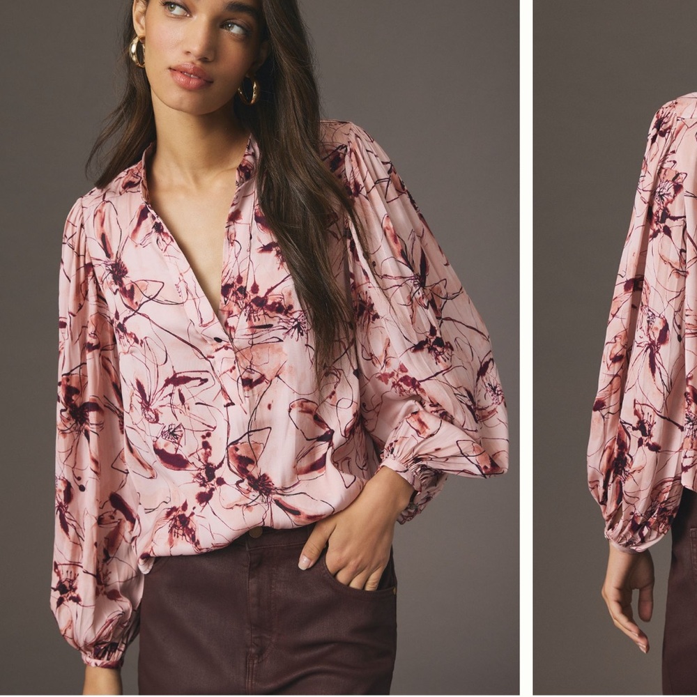 Anthropologie pleated sleeve Henley blouse pink combo size 1X